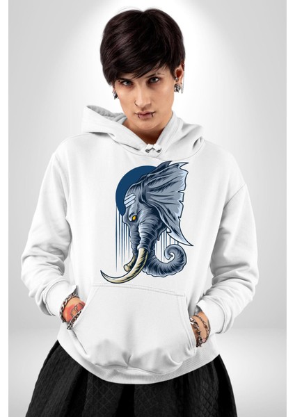 Astral Fil Mavi Ay Karşısında Kadın Erkek Baskılı Üç Iplik Beyaz Kapüşonlu Hodie Sweatshirt modelleri