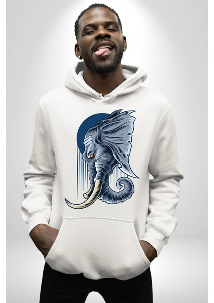 Astral Fil Mavi Ay Karşısında Kadın Erkek Baskılı Üç Iplik Beyaz Kapüşonlu Hodie Sweatshirt fırsatları