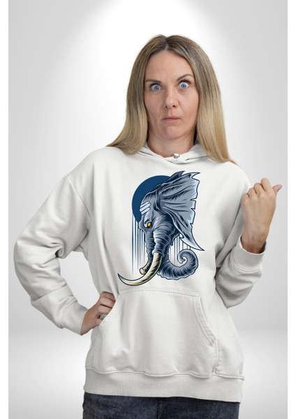 Astral Fil Mavi Ay Karşısında Kadın Erkek Baskılı Üç Iplik Beyaz Kapüşonlu Hodie Sweatshirt indirimleri