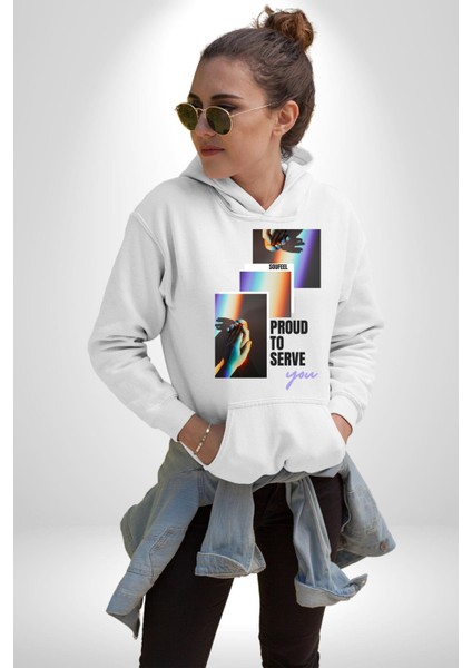 El Ele Aşk ve Dostluk Gökkuşağı Sevgi Kadın Erkek Baskılı Üç Iplik Beyaz Kapüşonlu Hodie Sweatshirt fırsatları