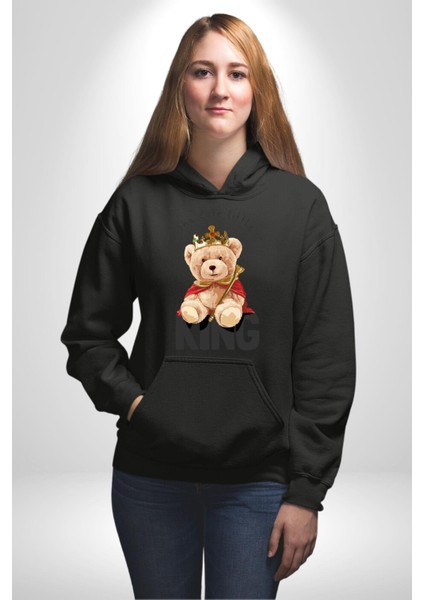 Kral Taçlı Oyuncak Ayı Kadın Erkek Baskılı Üç Iplik Siyah Kapüşonlu Hodie Sweatshirt