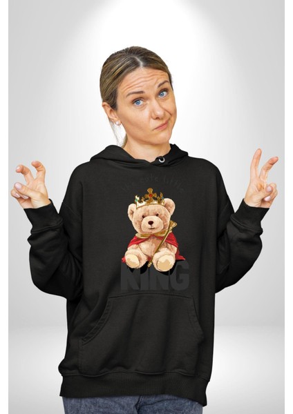 Kral Taçlı Oyuncak Ayı Kadın Erkek Baskılı Üç Iplik Siyah Kapüşonlu Hodie Sweatshirt modelleri