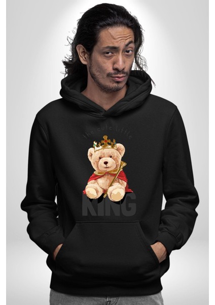 Kral Taçlı Oyuncak Ayı Kadın Erkek Baskılı Üç Iplik Siyah Kapüşonlu Hodie Sweatshirt fırsatları