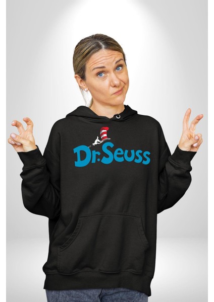 Dr.seuss Komik Şapka Logo Kadın Erkek Baskılı Üç Iplik Siyah Kapüşonlu Hodie Sweatshirt modelleri