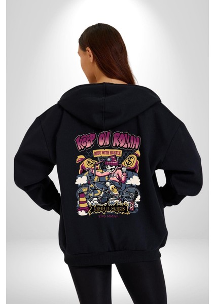 Yuvarlanmaya Devam Et Bisiklet Iskelet Kadın Erkek Baskılı Fermuarlı Kapüşonlu Hırka Sweatshirt modelleri