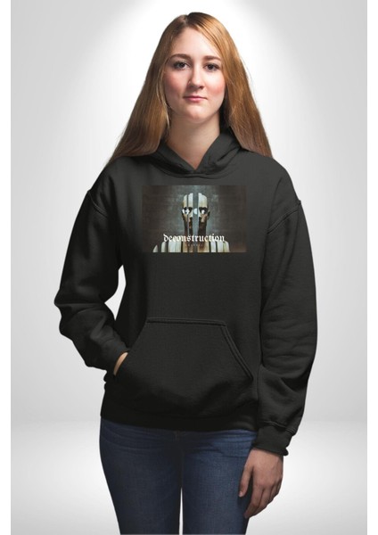 Yapı Bozun Techno Tarzı Kadın Erkek Baskılı Üç Iplik Siyah Kapüşonlu Hodie Sweatshirt modelleri