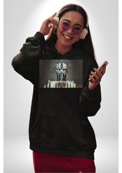 Yapı Bozun Techno Tarzı Kadın Erkek Baskılı Üç Iplik Siyah Kapüşonlu Hodie Sweatshirt fırsatları