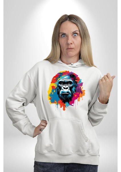 Rengarenk Asil Duruşlu Goril Kadın Erkek Baskılı Üç Iplik Beyaz Kapüşonlu Hodie Sweatshirt