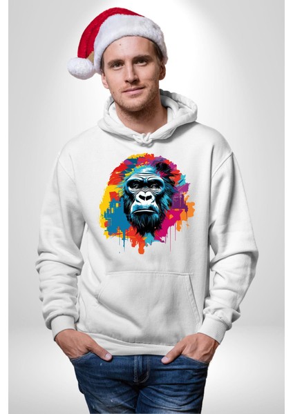 Rengarenk Asil Duruşlu Goril Kadın Erkek Baskılı Üç Iplik Beyaz Kapüşonlu Hodie Sweatshirt fiyatları