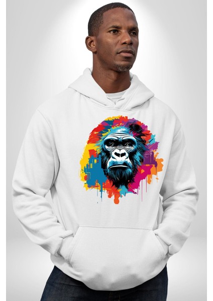 Rengarenk Asil Duruşlu Goril Kadın Erkek Baskılı Üç Iplik Beyaz Kapüşonlu Hodie Sweatshirt fırsatları