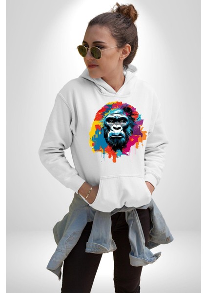 Rengarenk Asil Duruşlu Goril Kadın Erkek Baskılı Üç Iplik Beyaz Kapüşonlu Hodie Sweatshirt indirimleri