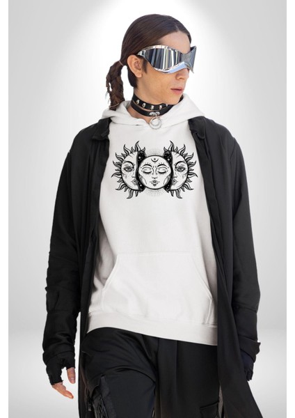 Güneşten Doğan Ay Astral Kadın Erkek Baskılı Üç Iplik Beyaz Kapüşonlu Hodie Sweatshirt fırsatları