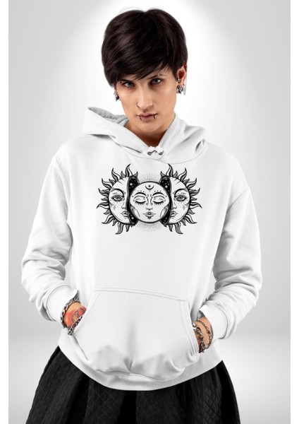 Güneşten Doğan Ay Astral Kadın Erkek Baskılı Üç Iplik Beyaz Kapüşonlu Hodie Sweatshirt indirimleri