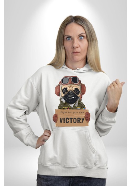 Kendin Için Savaş Pilot Yavru Pug Kadın Erkek Baskılı Üç Iplik Beyaz Kapüşonlu Hodie Sweatshirt