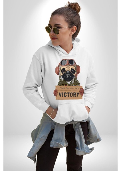 Kendin Için Savaş Pilot Yavru Pug Kadın Erkek Baskılı Üç Iplik Beyaz Kapüşonlu Hodie Sweatshirt indirimleri