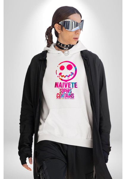 Gülen Rengarenk Surat Kadın Erkek Baskılı Üç Iplik Beyaz Kapüşonlu Hodie Sweatshirt