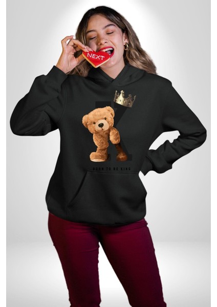Kral Olmak Için Doğdum Oyuncak Ayı Kadın Erkek Baskılı Üç Iplik Siyah Kapüşonlu Hodie Sweatshirt fiyatları