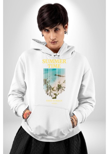 Yaz Zamanında Plaj Keyfi Kadın Erkek Baskılı Üç Iplik Beyaz Kapüşonlu Hodie Sweatshirt