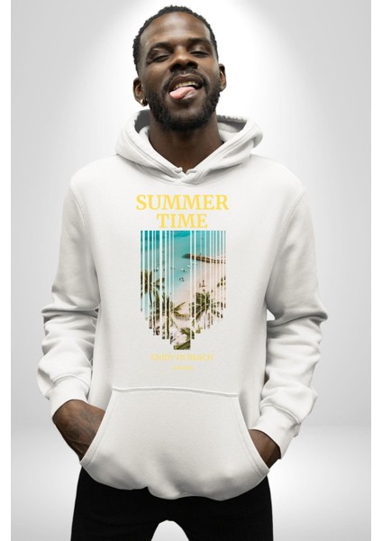 Yaz Zamanında Plaj Keyfi Kadın Erkek Baskılı Üç Iplik Beyaz Kapüşonlu Hodie Sweatshirt fiyatları