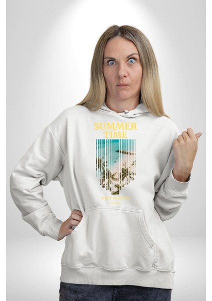 Yaz Zamanında Plaj Keyfi Kadın Erkek Baskılı Üç Iplik Beyaz Kapüşonlu Hodie Sweatshirt modelleri