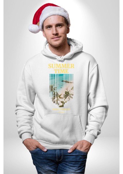 Yaz Zamanında Plaj Keyfi Kadın Erkek Baskılı Üç Iplik Beyaz Kapüşonlu Hodie Sweatshirt fırsatları