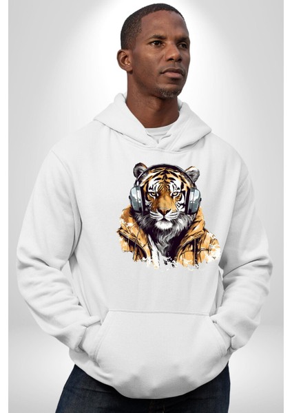 Montlu Kulaklıklı Havalı Kaplan Kadın Erkek Baskılı Üç Iplik Beyaz Kapüşonlu Hodie Sweatshirt