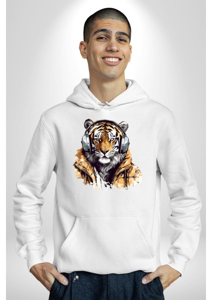 Montlu Kulaklıklı Havalı Kaplan Kadın Erkek Baskılı Üç Iplik Beyaz Kapüşonlu Hodie Sweatshirt fırsatları