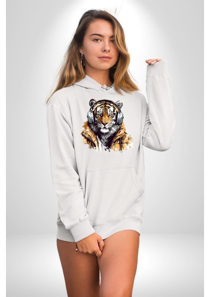 Montlu Kulaklıklı Havalı Kaplan Kadın Erkek Baskılı Üç Iplik Beyaz Kapüşonlu Hodie Sweatshirt indirimleri