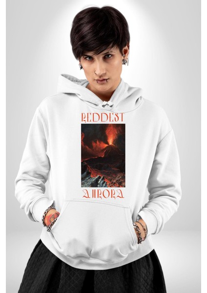 En Kırmızı Aura Yanardağ Kadın Erkek Baskılı Üç Iplik Beyaz Kapüşonlu Hodie Sweatshirt