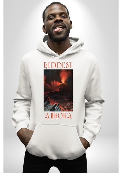 En Kırmızı Aura Yanardağ Kadın Erkek Baskılı Üç Iplik Beyaz Kapüşonlu Hodie Sweatshirt fiyatları