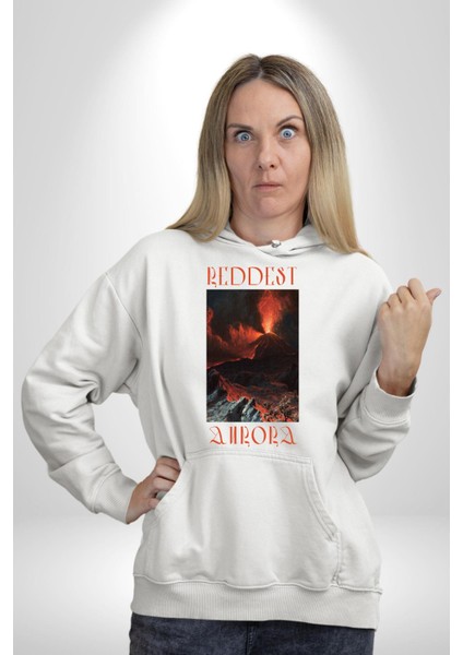 En Kırmızı Aura Yanardağ Kadın Erkek Baskılı Üç Iplik Beyaz Kapüşonlu Hodie Sweatshirt modelleri