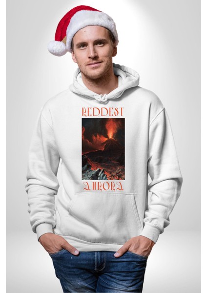 En Kırmızı Aura Yanardağ Kadın Erkek Baskılı Üç Iplik Beyaz Kapüşonlu Hodie Sweatshirt fırsatları