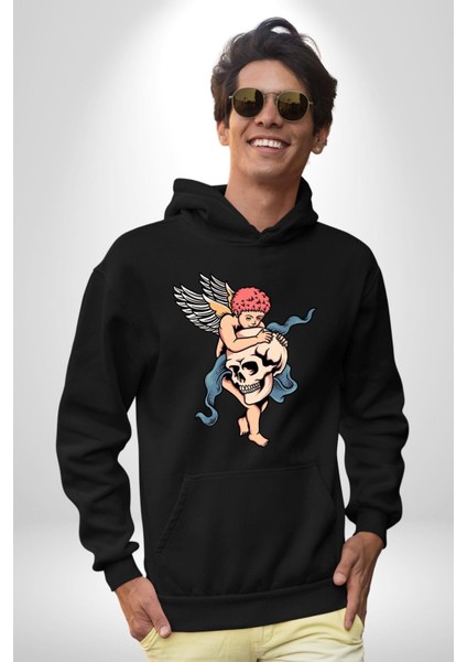 Kurukafa Tutan Bebek Melek Kadın Erkek Baskılı Üç Iplik Siyah Kapüşonlu Hodie Sweatshirt