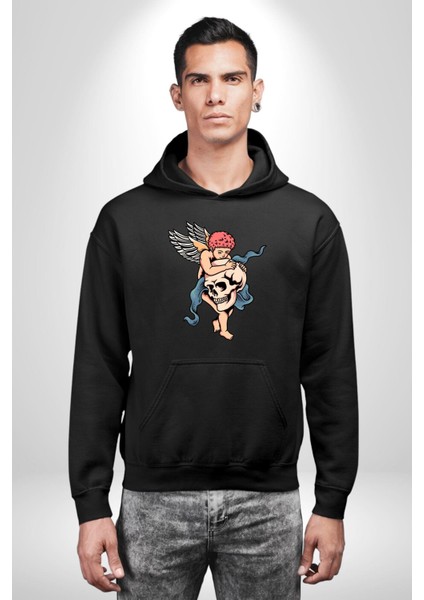 Kurukafa Tutan Bebek Melek Kadın Erkek Baskılı Üç Iplik Siyah Kapüşonlu Hodie Sweatshirt fırsatları