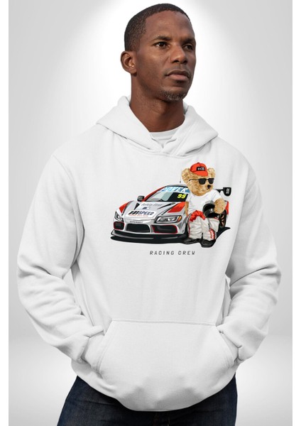 Yarış Ekibi Yarışçı Oyuncak Ayı Kadın Erkek Baskılı Üç Iplik Beyaz Kapüşonlu Hodie Sweatshirt