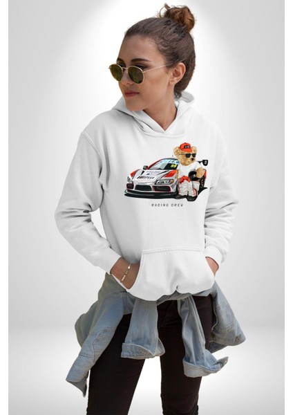 Yarış Ekibi Yarışçı Oyuncak Ayı Kadın Erkek Baskılı Üç Iplik Beyaz Kapüşonlu Hodie Sweatshirt fiyatları