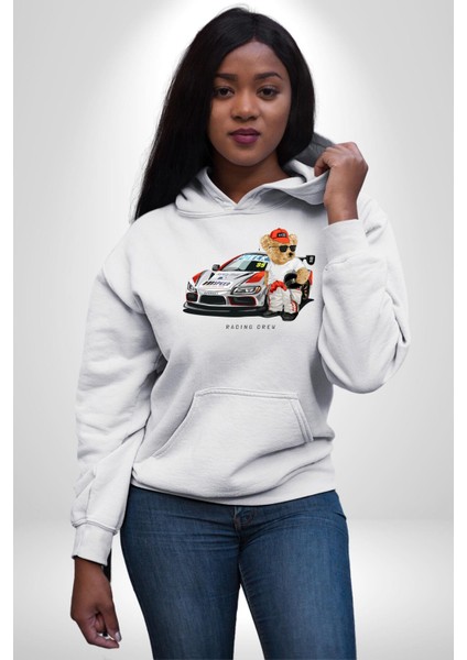 Yarış Ekibi Yarışçı Oyuncak Ayı Kadın Erkek Baskılı Üç Iplik Beyaz Kapüşonlu Hodie Sweatshirt modelleri
