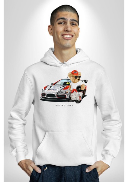 Yarış Ekibi Yarışçı Oyuncak Ayı Kadın Erkek Baskılı Üç Iplik Beyaz Kapüşonlu Hodie Sweatshirt fırsatları