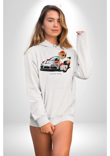 Yarış Ekibi Yarışçı Oyuncak Ayı Kadın Erkek Baskılı Üç Iplik Beyaz Kapüşonlu Hodie Sweatshirt indirimleri