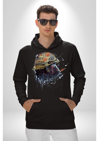 Barış Savaşçısı Havalı Goril Kadın Erkek Baskılı Üç Iplik Siyah Kapüşonlu Hodie Sweatshirt