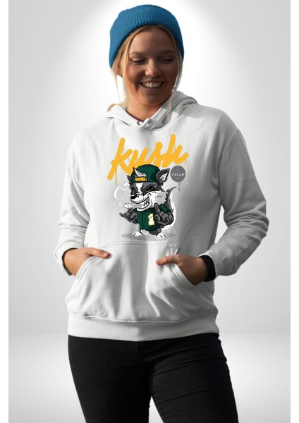 Amerikan Kokarca Havalı Kadın Erkek Baskılı Üç Iplik Beyaz Kapüşonlu Hodie Sweatshirt