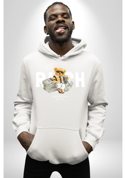 Acayip Zengin Tatlı Oyuncak Ayı Kadın Erkek Baskılı Üç Iplik Beyaz Kapüşonlu Hodie Sweatshirt