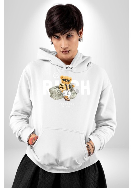 Acayip Zengin Tatlı Oyuncak Ayı Kadın Erkek Baskılı Üç Iplik Beyaz Kapüşonlu Hodie Sweatshirt fiyatları