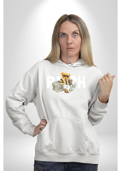 Acayip Zengin Tatlı Oyuncak Ayı Kadın Erkek Baskılı Üç Iplik Beyaz Kapüşonlu Hodie Sweatshirt modelleri