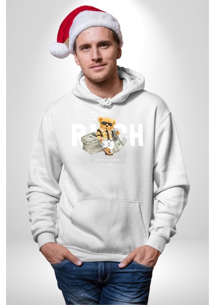 Acayip Zengin Tatlı Oyuncak Ayı Kadın Erkek Baskılı Üç Iplik Beyaz Kapüşonlu Hodie Sweatshirt fırsatları