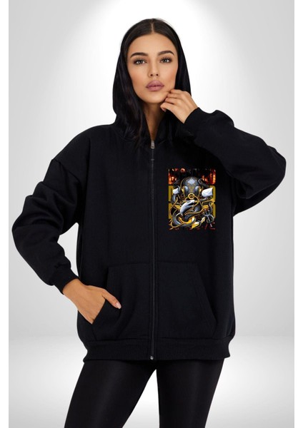 Gemi Düşmanı Savaşçı Kraken Kadın Erkek Baskılı Fermuarlı Kapüşonlu Hırka Sweatshirt
