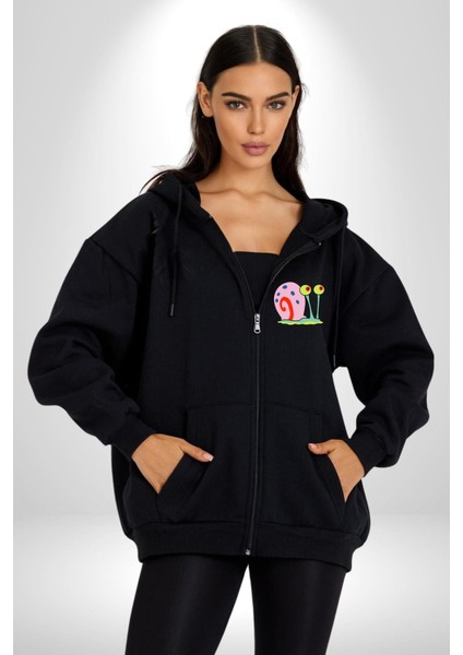 Salyangoz Gary Süngerbob Kadın Erkek Baskılı Fermuarlı Kapüşonlu Hırka Sweatshirt