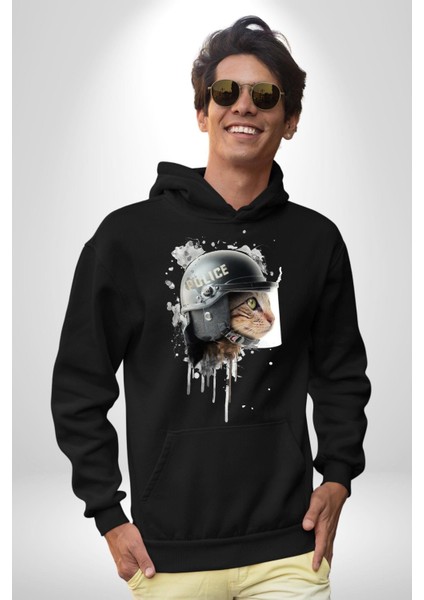 Kedi Çevik Koruma Polis Kadın Erkek Baskılı Üç Iplik Siyah Kapüşonlu Hodie Sweatshirt