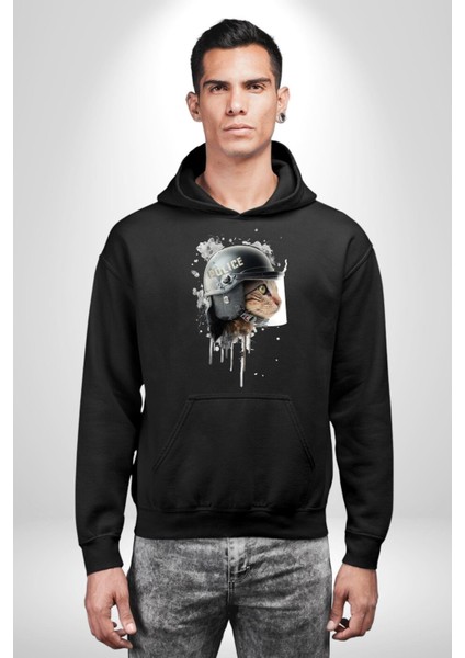 Kedi Çevik Koruma Polis Kadın Erkek Baskılı Üç Iplik Siyah Kapüşonlu Hodie Sweatshirt fırsatları
