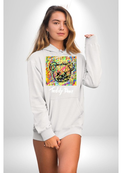 Sanatsal Teddy Ayı Kadın Erkek Baskılı Üç Iplik Beyaz Kapüşonlu Hodie Sweatshirt modelleri